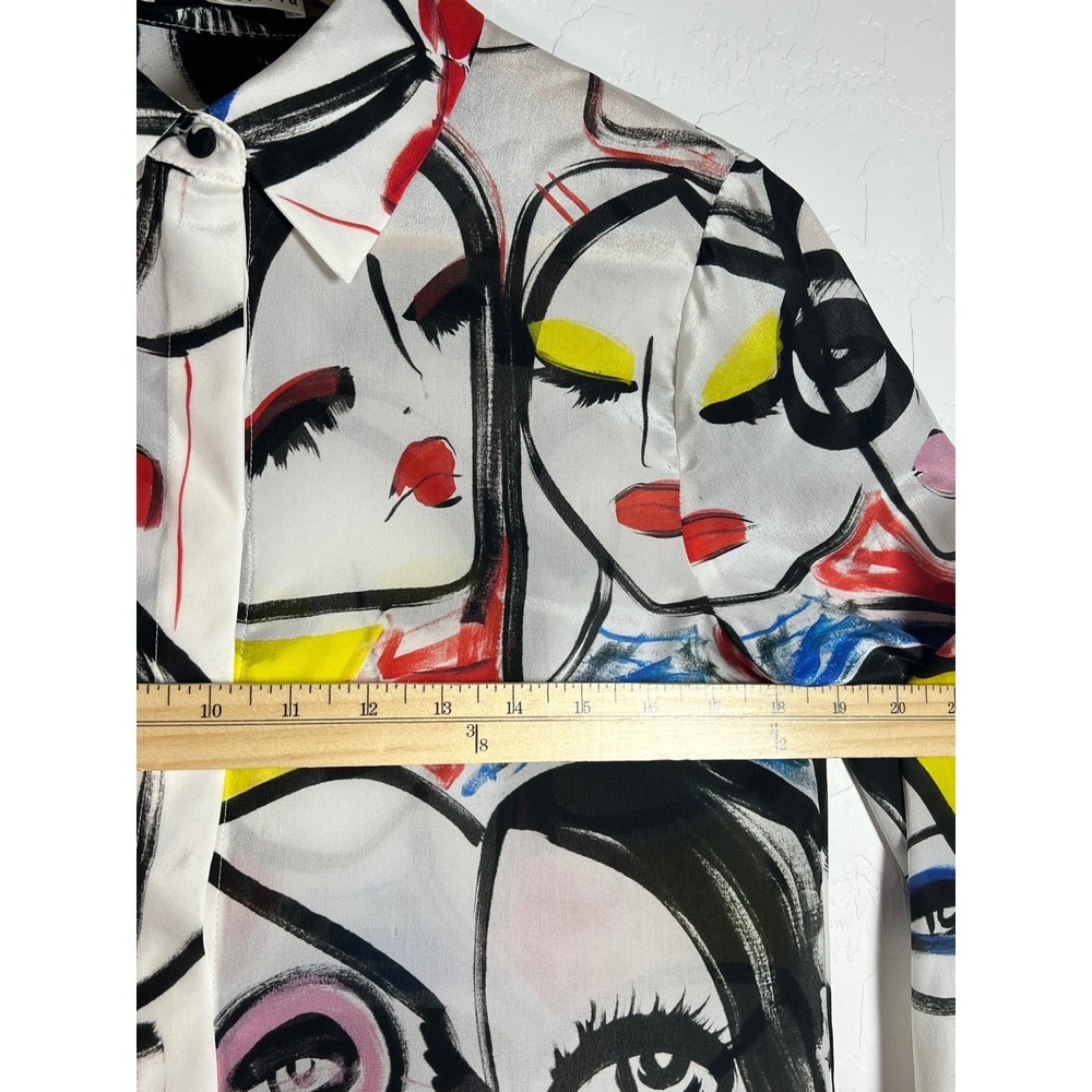 Alice + Olivia x Blair Z Willa Placket Silk Pop Art Button Down Blouse Top Small - Picture 8 of 14